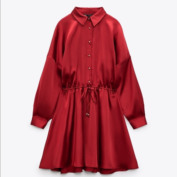 🌹NWT. Zara Dark Pink/Red Satin Shirt Mini Dress with V-neck. Size L. - Picture 5 of 10